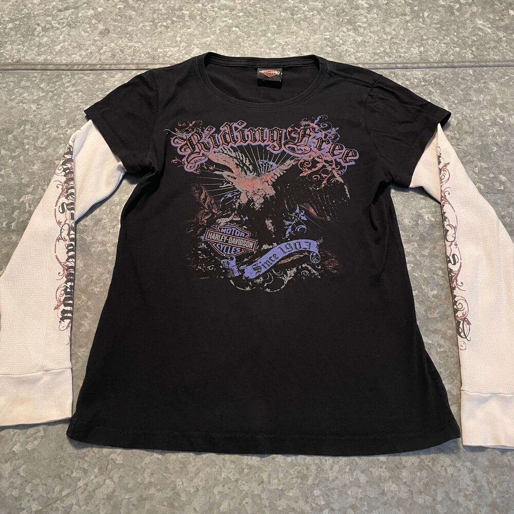 Vintage Harley Davidson Y2K Riding Free Bling Thermal Sleeve T-Shirt Medium L/S